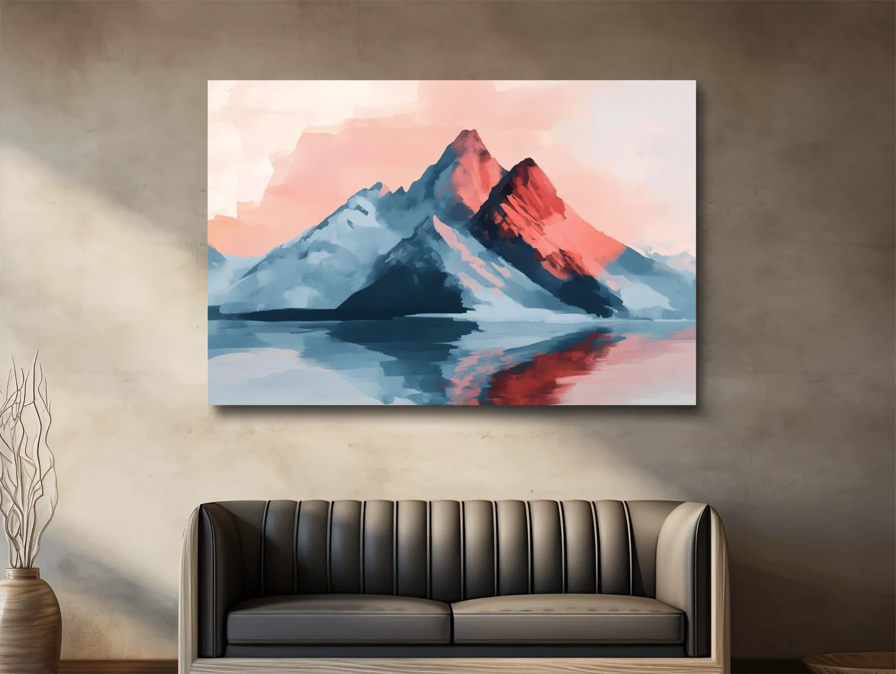 Pastel mountain painting at sunset, glacier reflecting on a lake