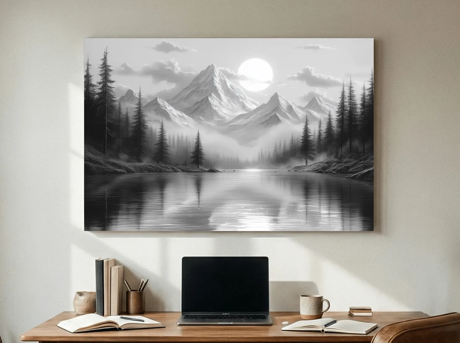 Monochrome Misty Alpine Lake Landscape - Mountain Forest Wall Art