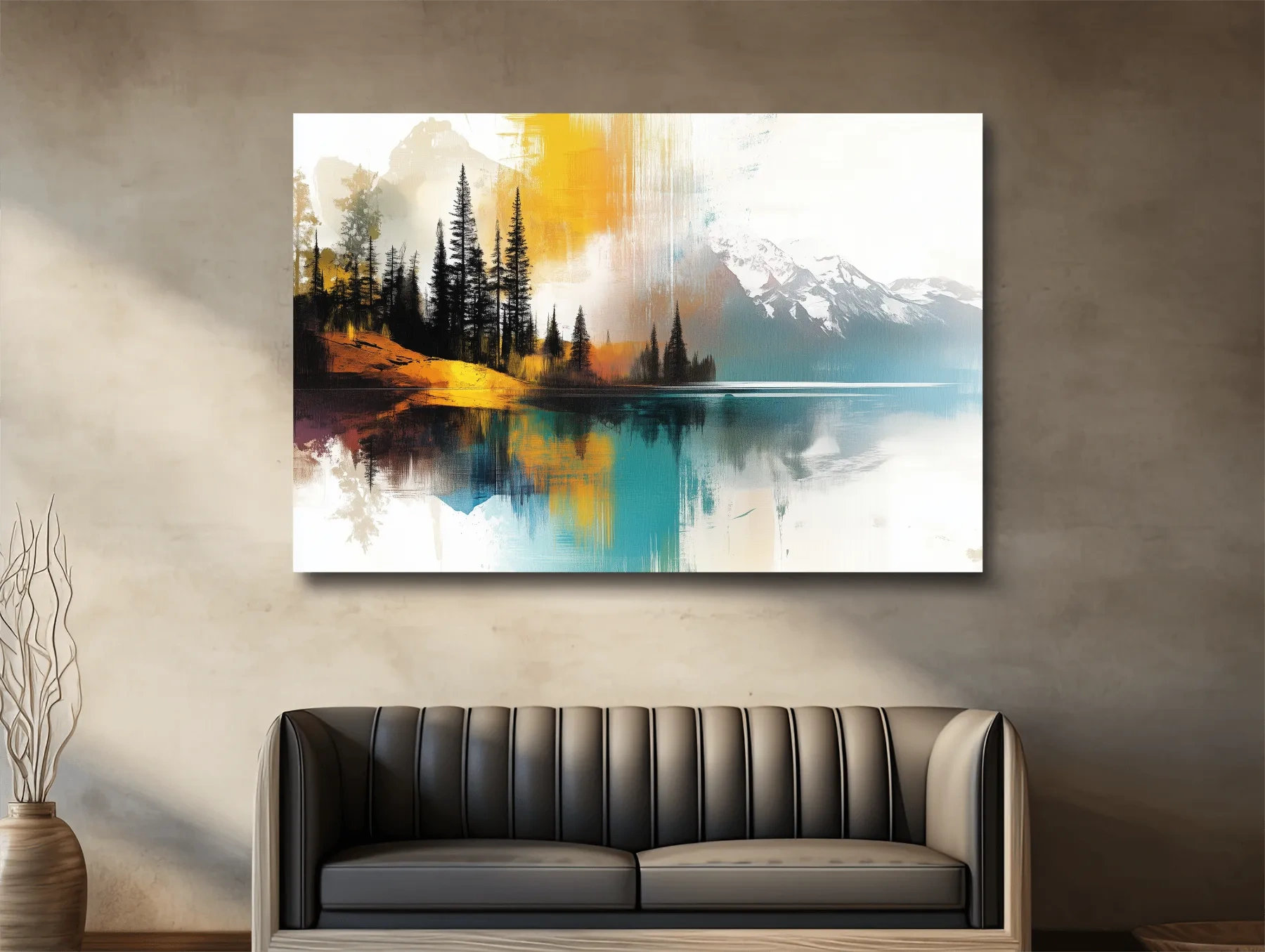 Colorful Abstract Mountain Lake Reflection Painting - Forest Landscape Wall Art