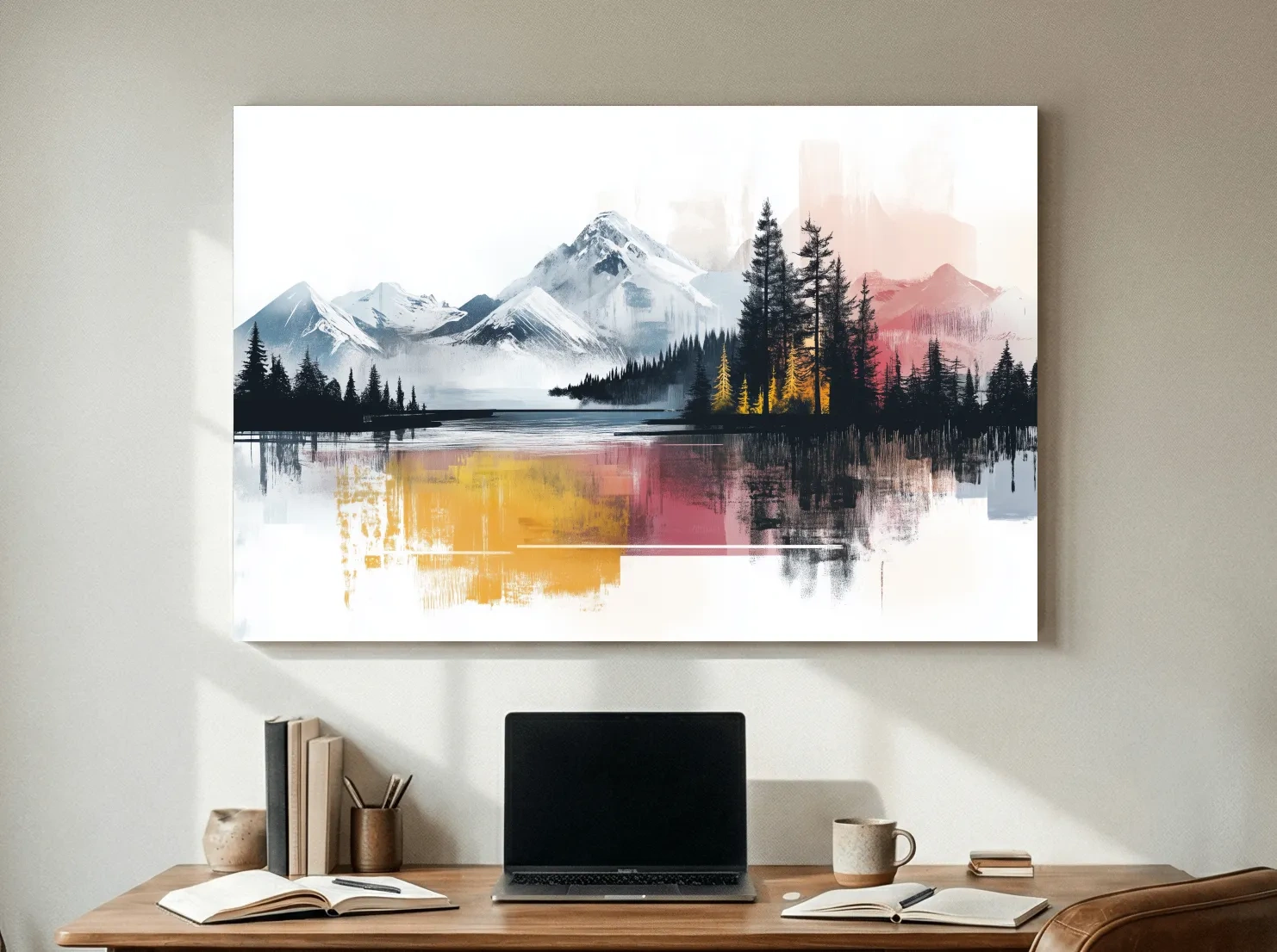 Abstract Misty Mountain Lake Painting - Modern Watercolor Pine Forest Art