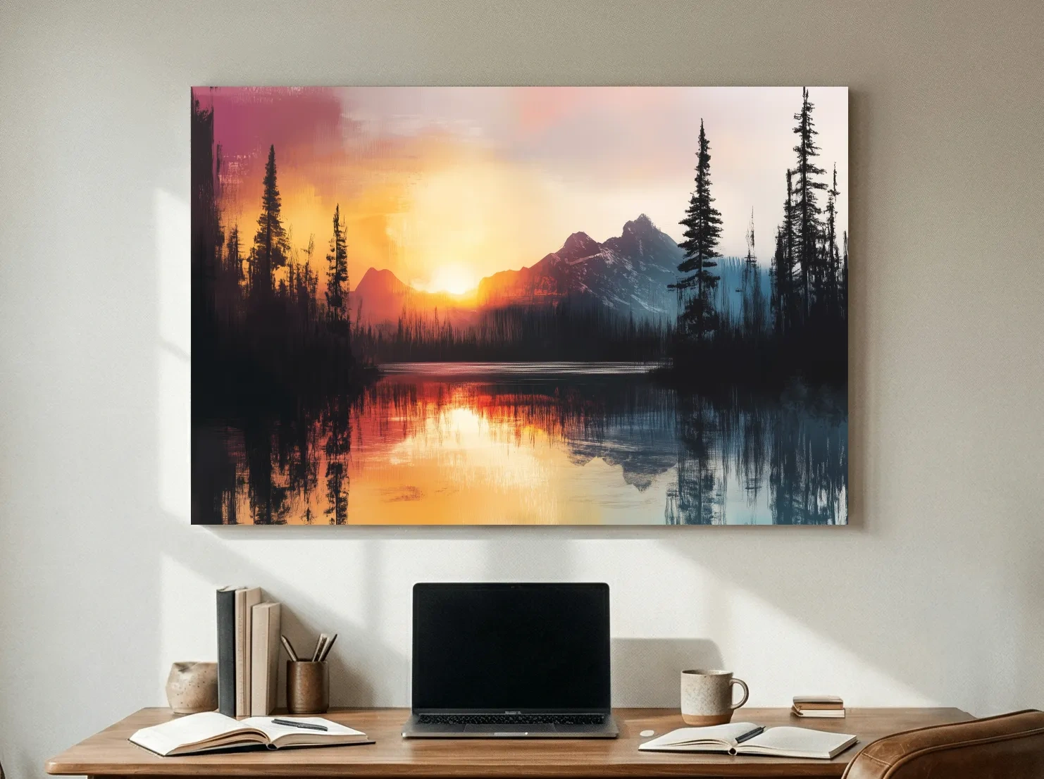 Sunset Mountain Lake Reflection Painting - Dramatic Pine Forest Landscape Wall Art