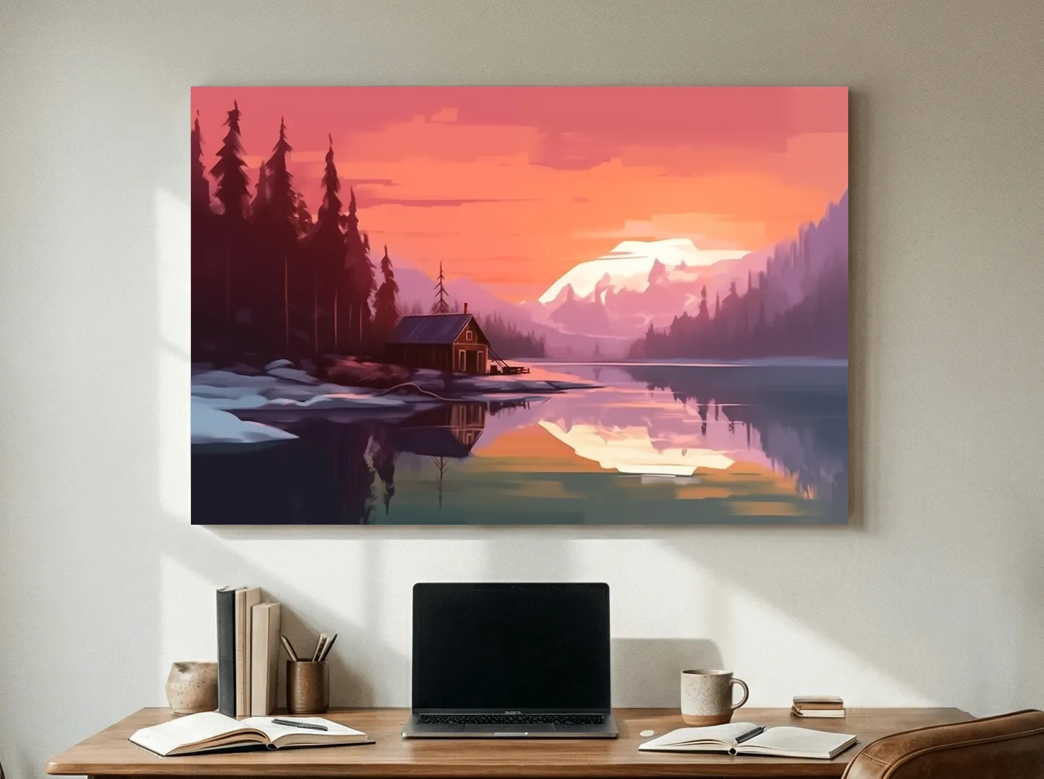 Sunset Mountain Lake Cabin Painting - Serene Alpine Landscape Wall Art