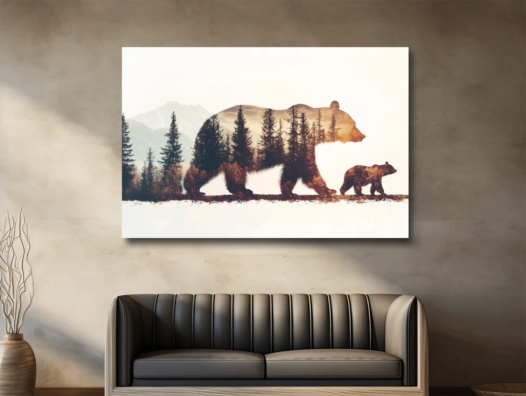 Rustic Double Exposure Bear Family - Sunset Forest Wildlife Wall Art