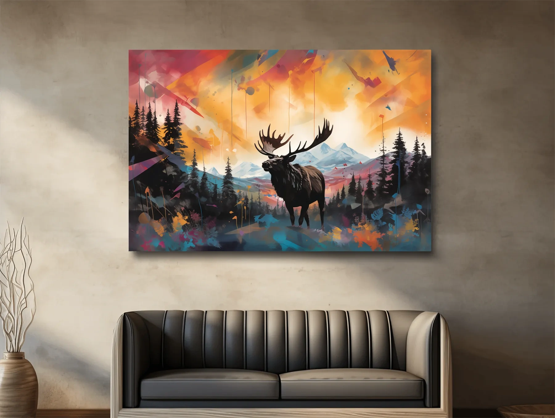 Vibrant Abstract Moose Mountain Painting - Colorful Wildlife Wall Art