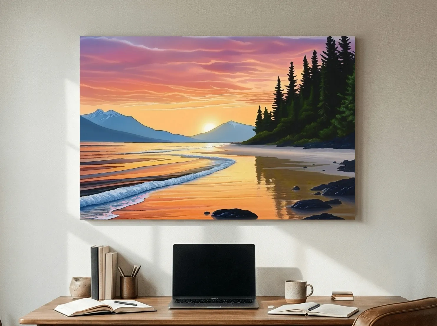 Pacific Northwest Coastal Sunset Beach Painting - Vibrant Pine Wall Art
