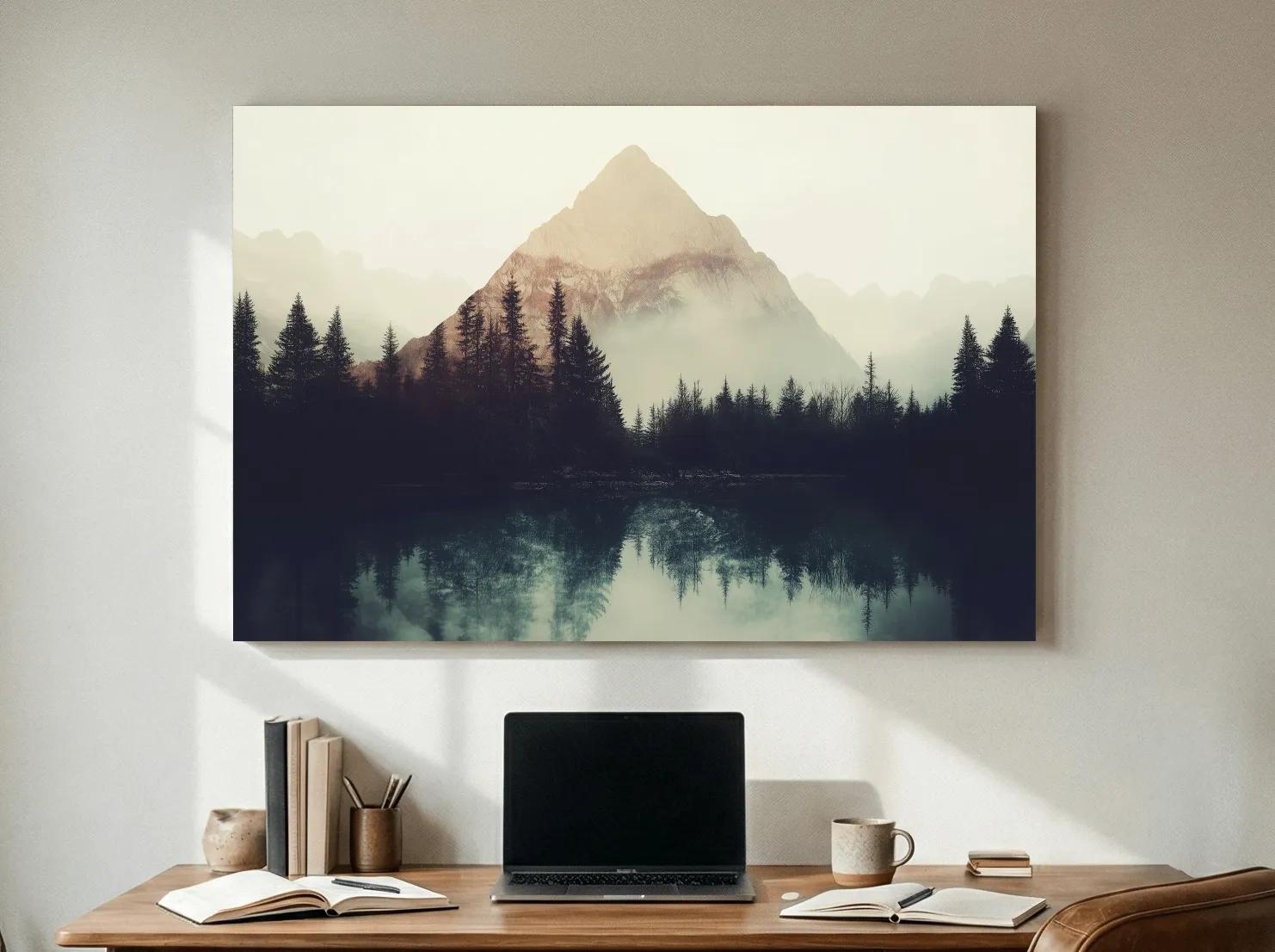 Misty Pine Forest Silhouette Lake Reflection - Moody Mountain Wall Art