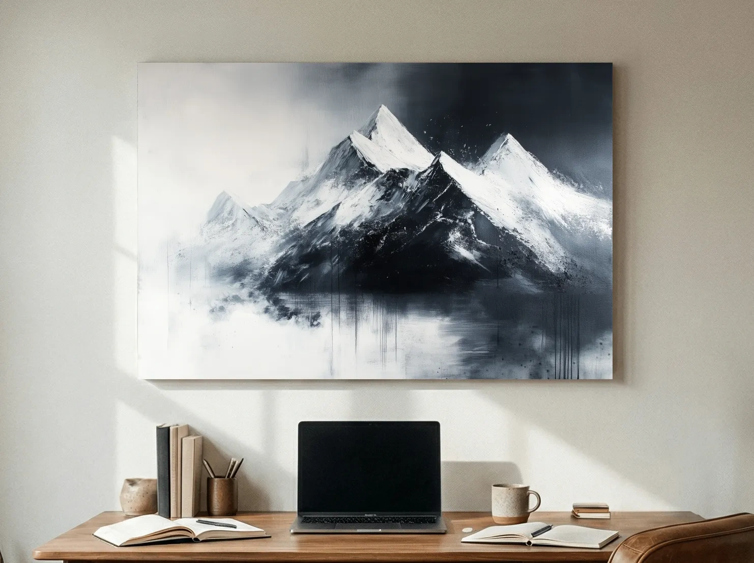 Moody Monochrome Snowcapped Mountain Peaks Painting - Modern Minimalist Wall Art