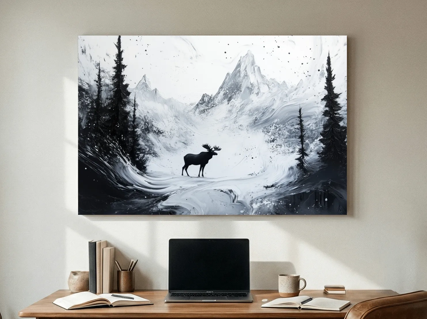 Moody Monochrome Moose Alpine Meadows - Abstract Ink Wash Wildlife Wall Art