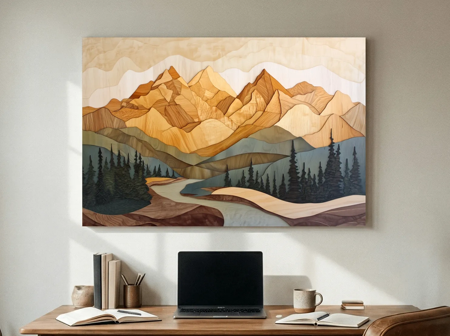 Wood Intarsia Mountain Landscape - Warm Earth Tone Alpine Forest Wall Art
