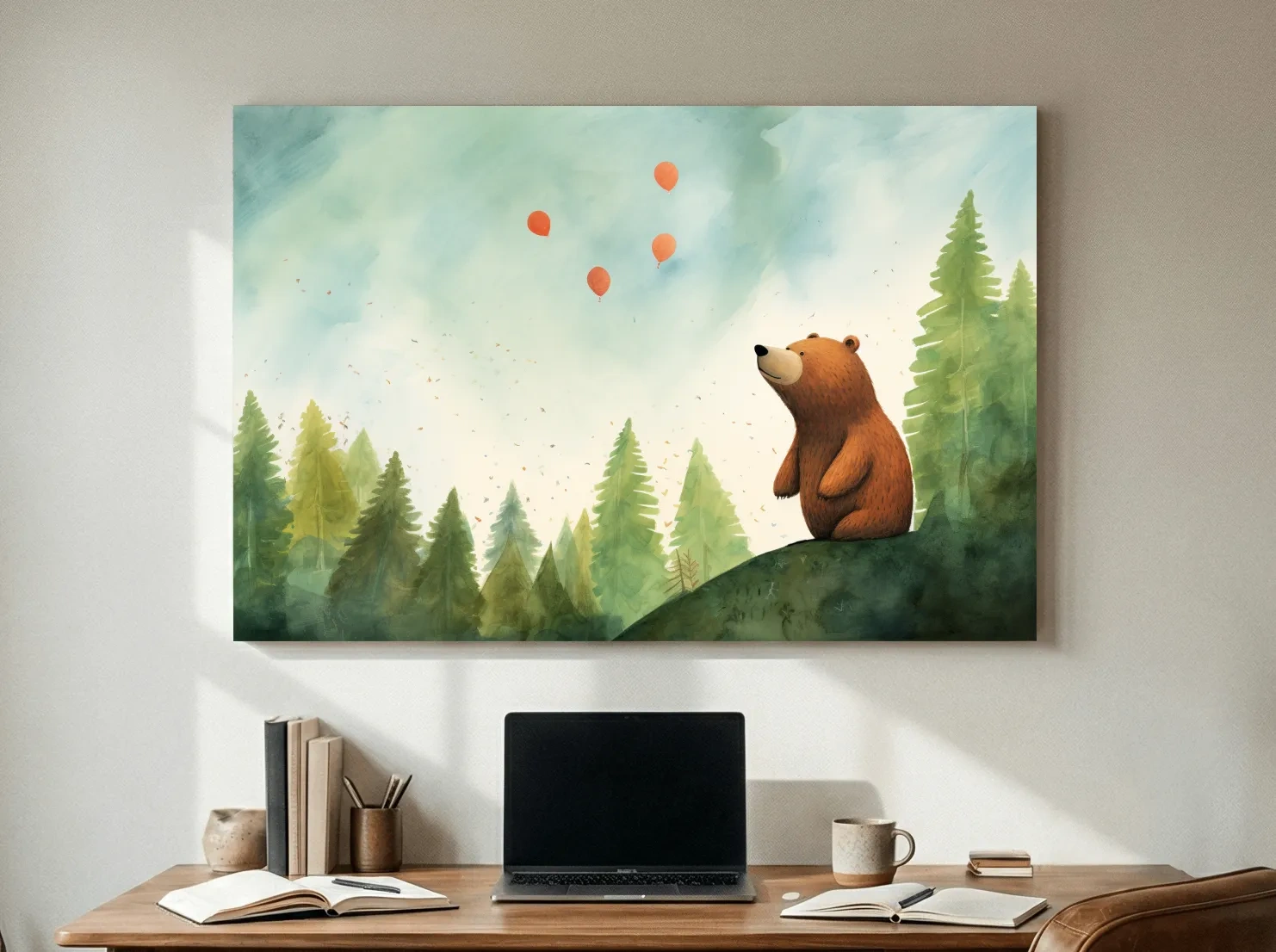 Whimsical Watercolor Bear Watching Balloons - Cute Nursery Forest Wall Art