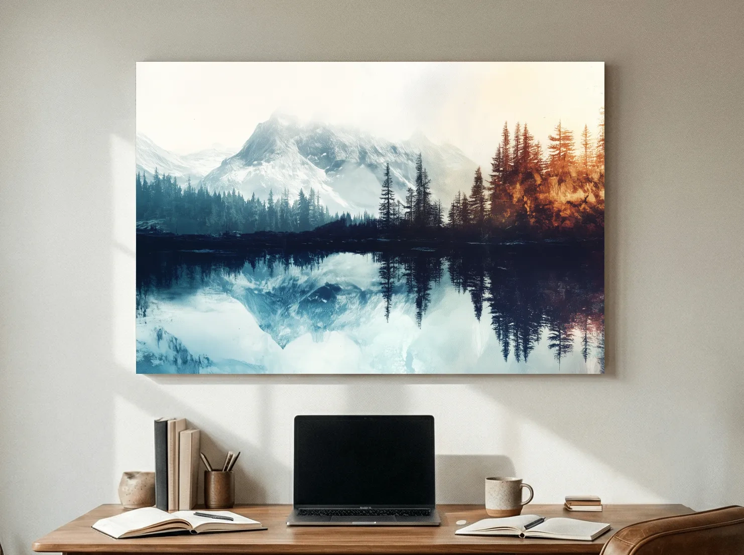 Misty Alpine Lake Reflection Landscape - Mountain Forest Sunrise Wall Art