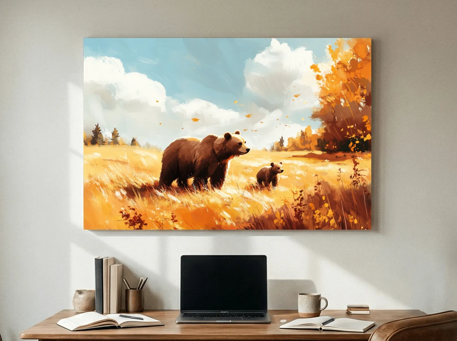 Autumn Grizzly Bear & Cub Painting - Warm Golden Wildlife Wall Art