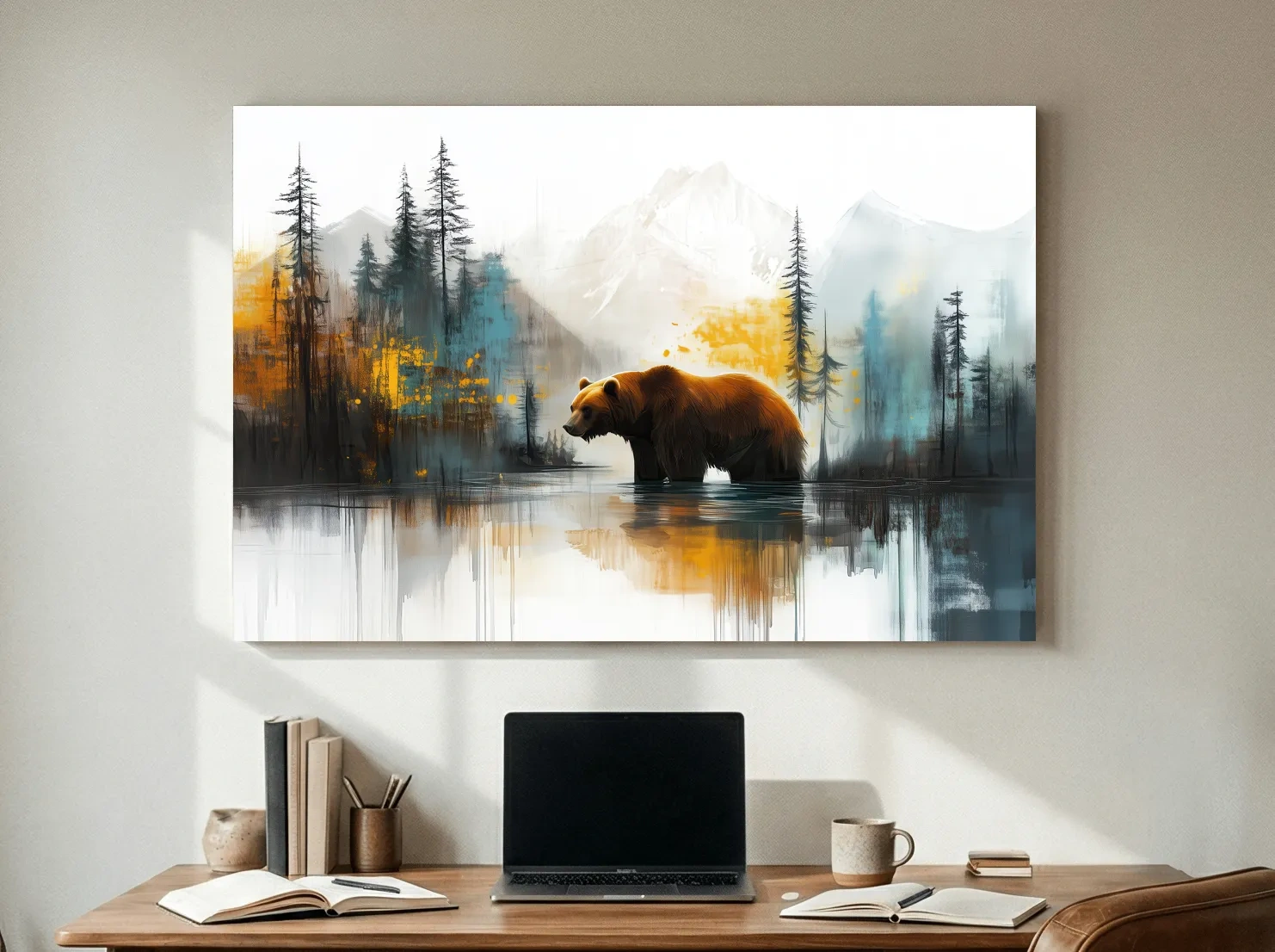 Grizzly Bear Lake Reflection - Misty Mountain Forest Watercolor Style Artwork