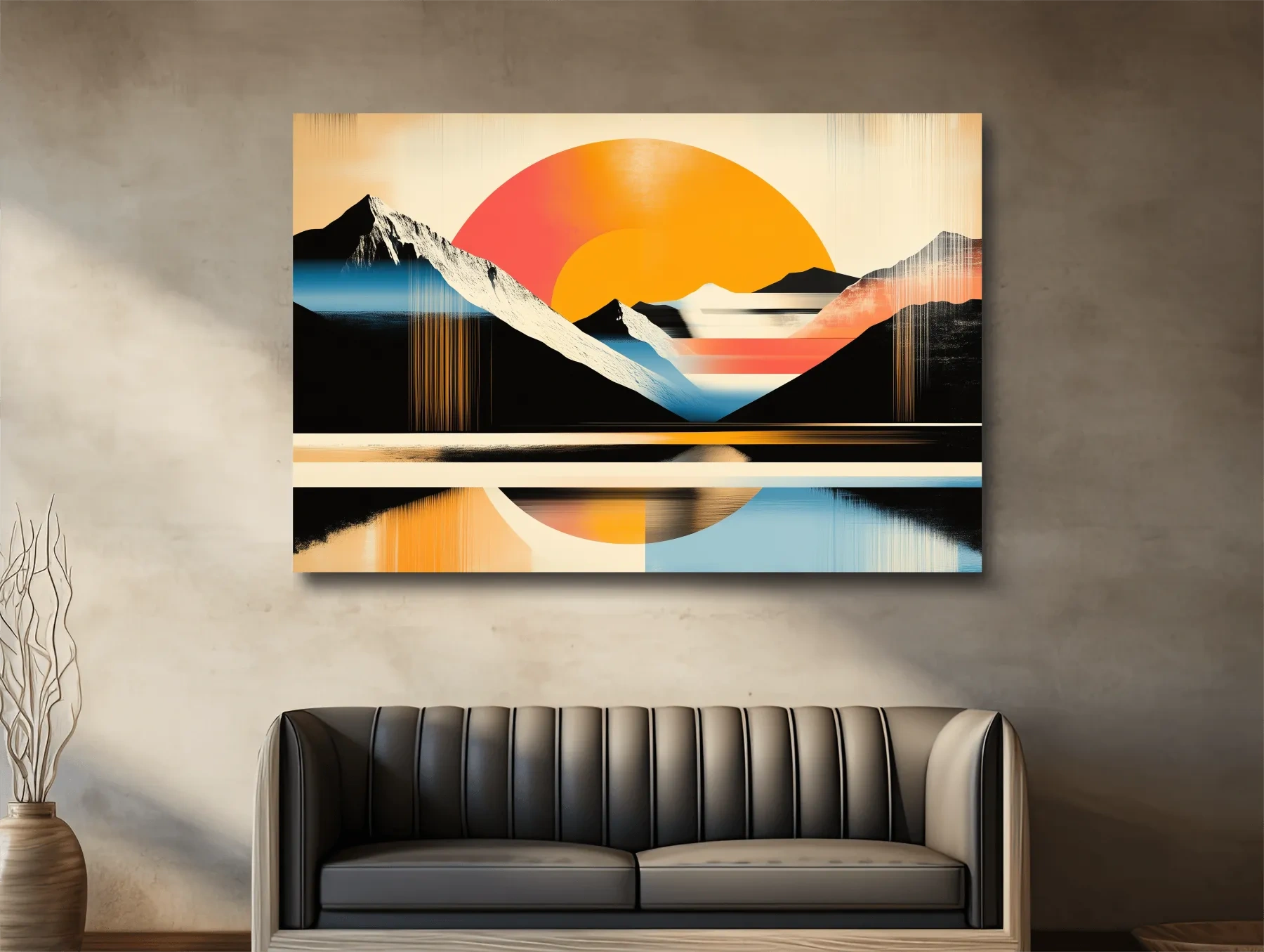 Retro Abstract Alpine Lake Sunset Artwork - Geometric Landscape Wall Art