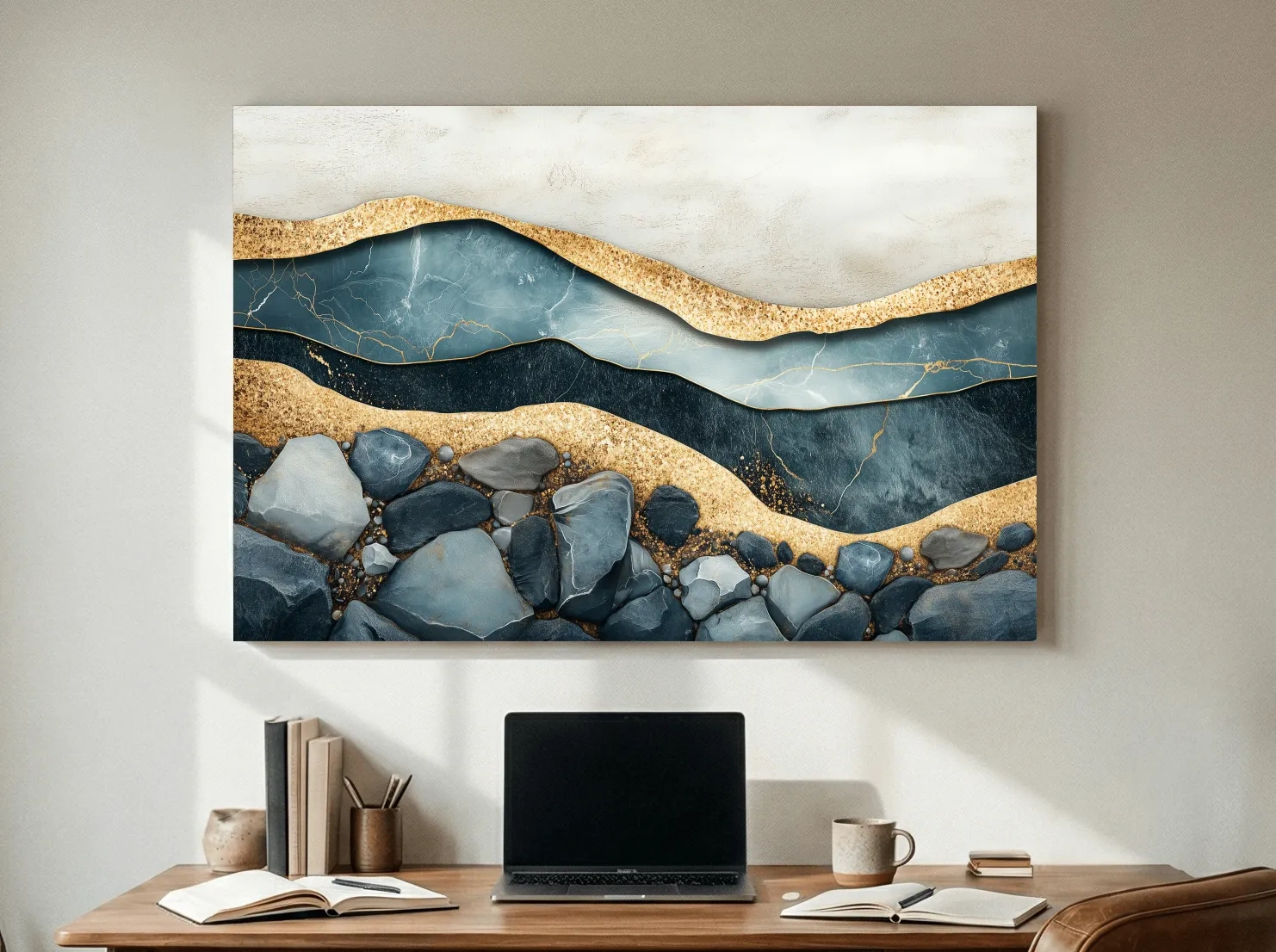 Luxury Teal Gold Marble Geode Layers - Modern River Rock Wall Art