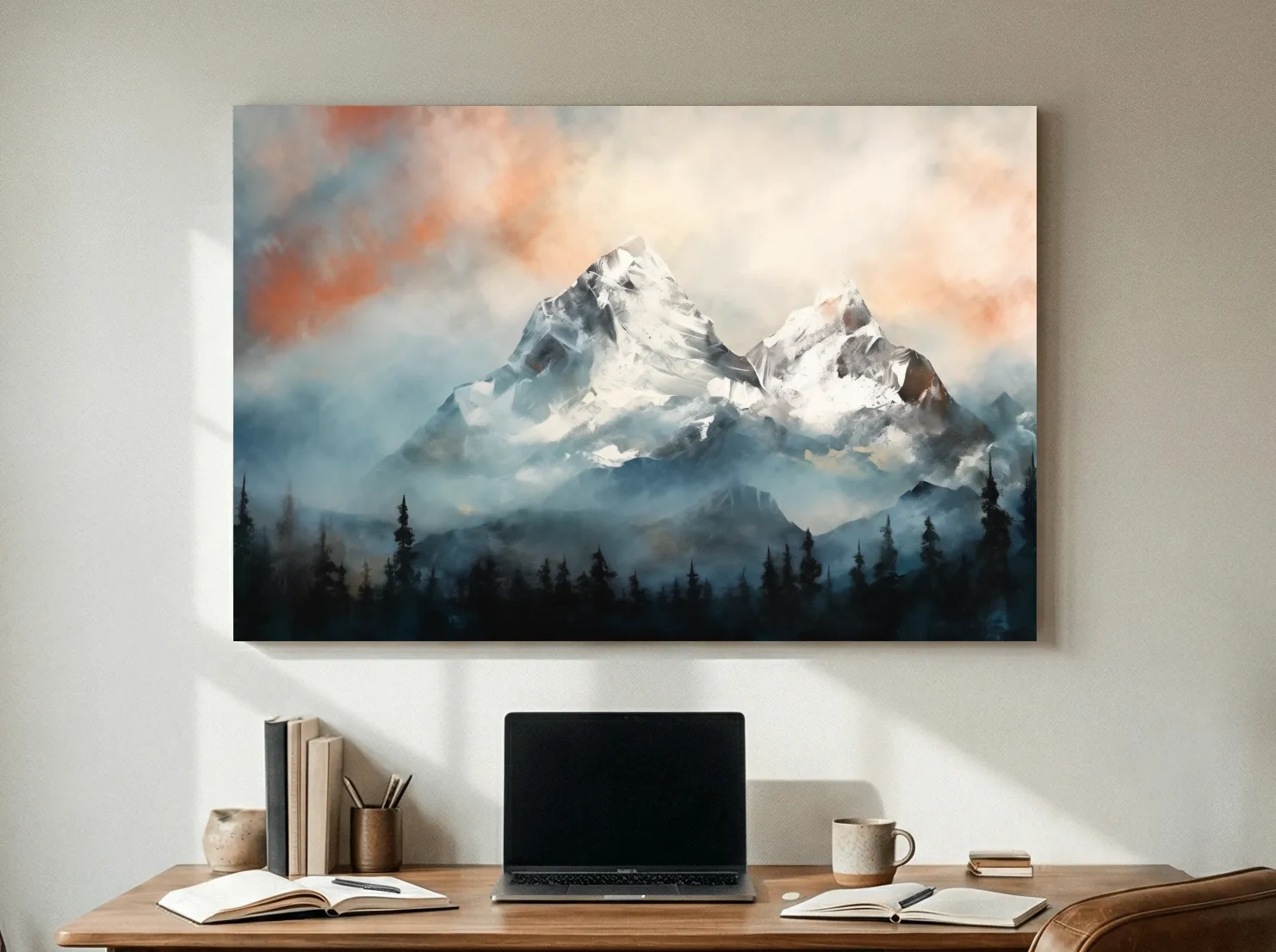 Misty Snowcapped Mountain Peaks Painting - Alpine Sunset Wall Art