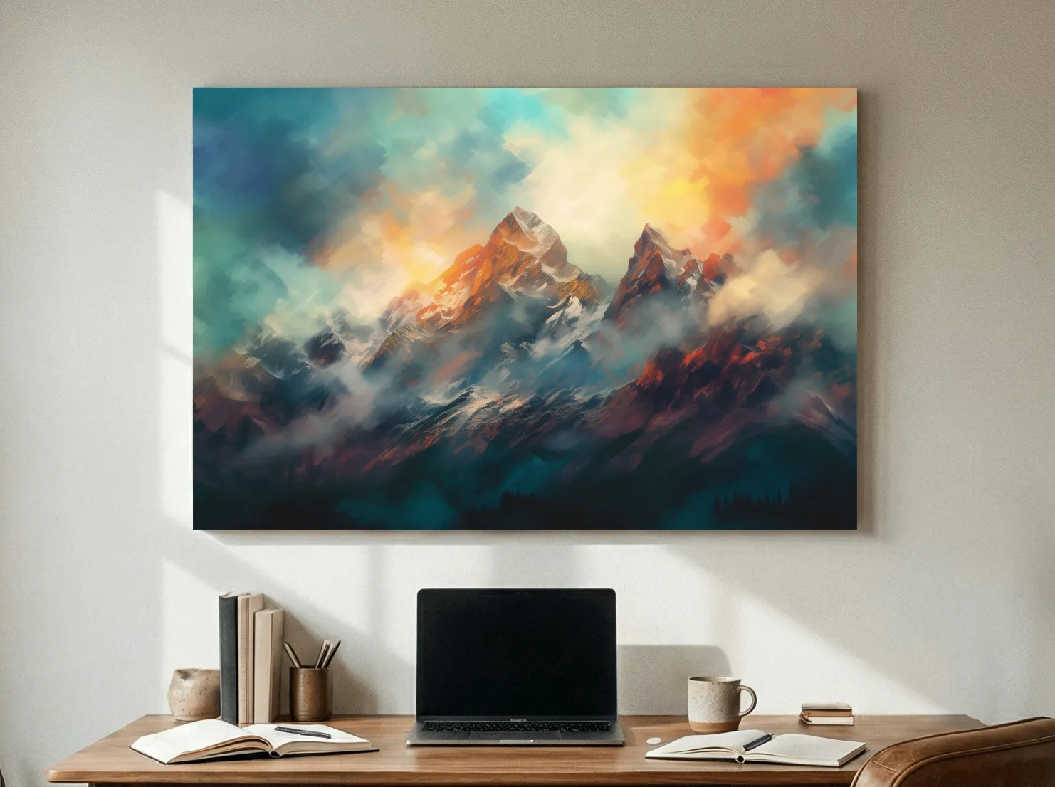 Abstract Sunrise Mountain Peaks Painting - Colorful Alpine Landscape Wall Art