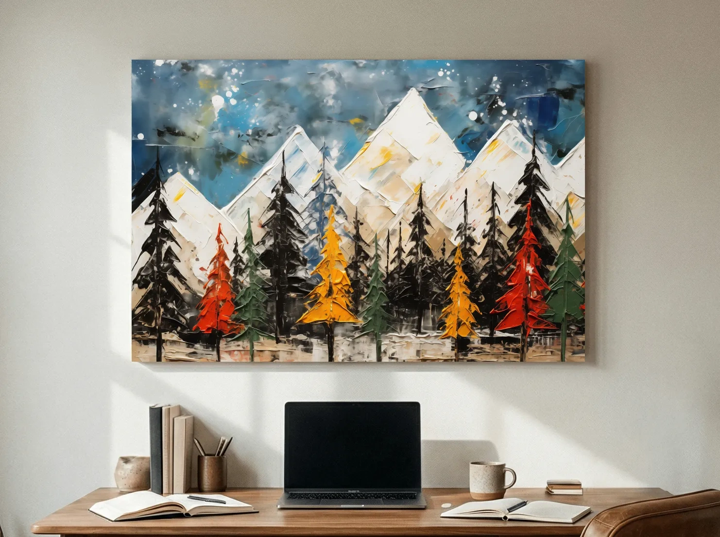Textured Abstract Oil Painting Style Mountain Forest - Colorful Autumn Pines Landscape Wall Art