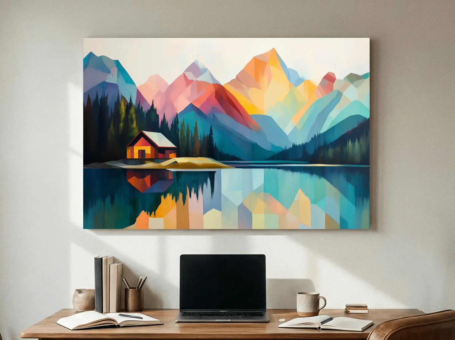 Vibrant Geometric Mountain Lake Cabin - Modern Abstract Landscape Wall Art