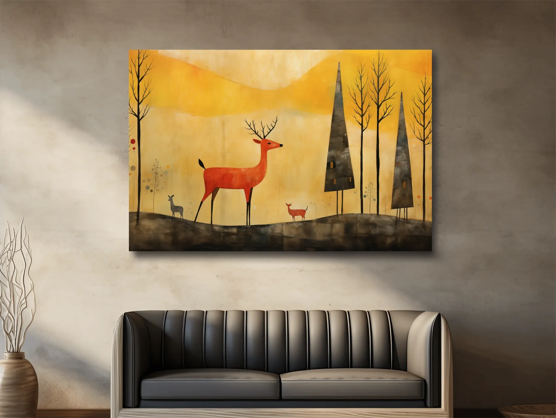 Red deer in an autumn forest landscape, quirky painting artwork