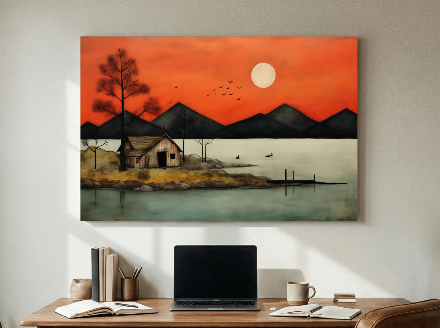Rustic Lakeside Cabin Sunset Painting - Mountain Wall Art