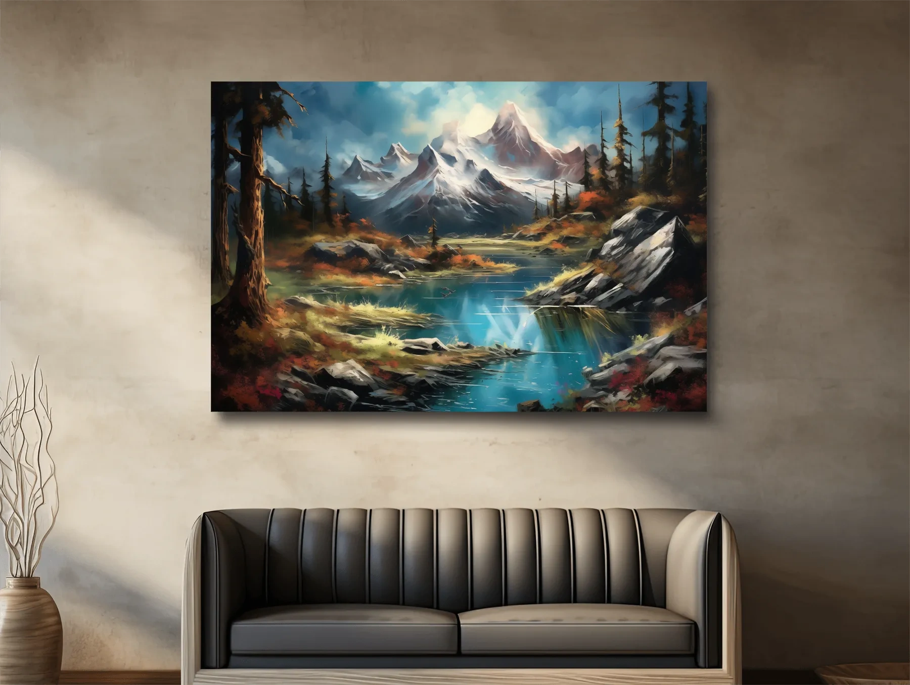 Serene alpine lake and snow-capped mountains wall artwork, vibrant scenic painting