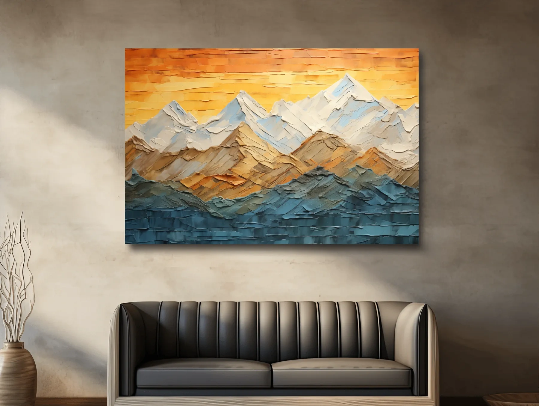 Impasto Style Mountain Range Sunset - Pallet Knife Painting Effect Wall Art