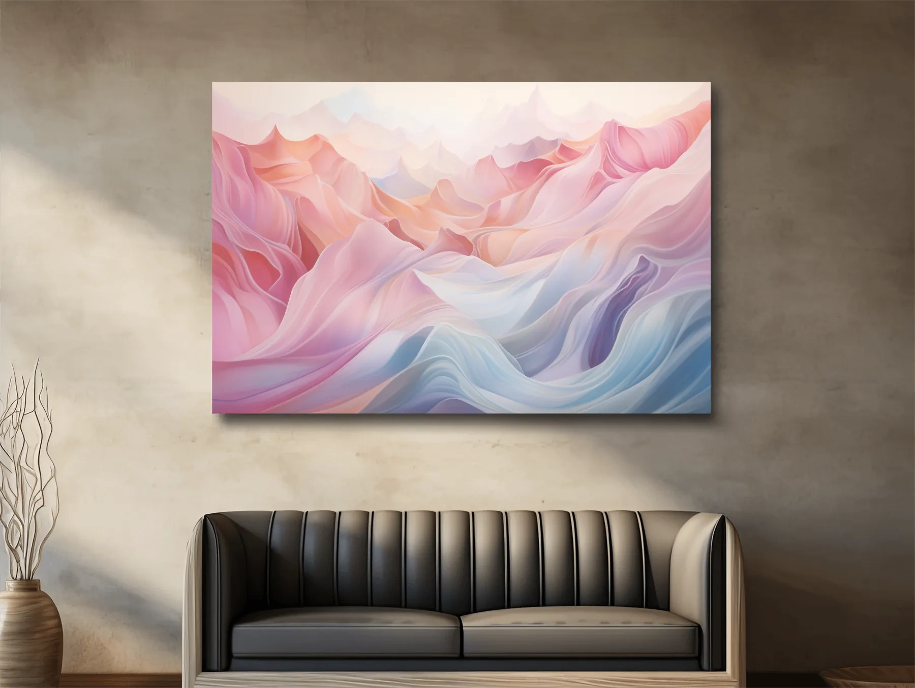 Soft pastel abstract mountain landscape artwork, flowing abstract waves in pink and blue tones