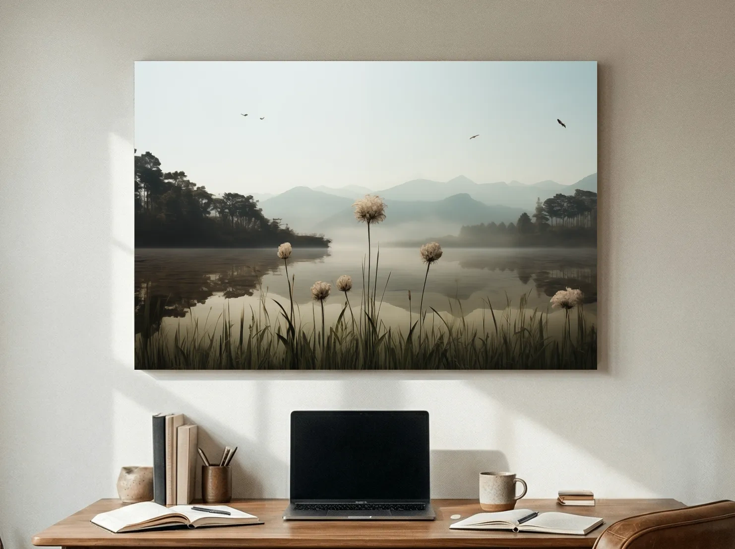 Misty Lake Painting With Wildflowers - Serene Landscape Wall Art