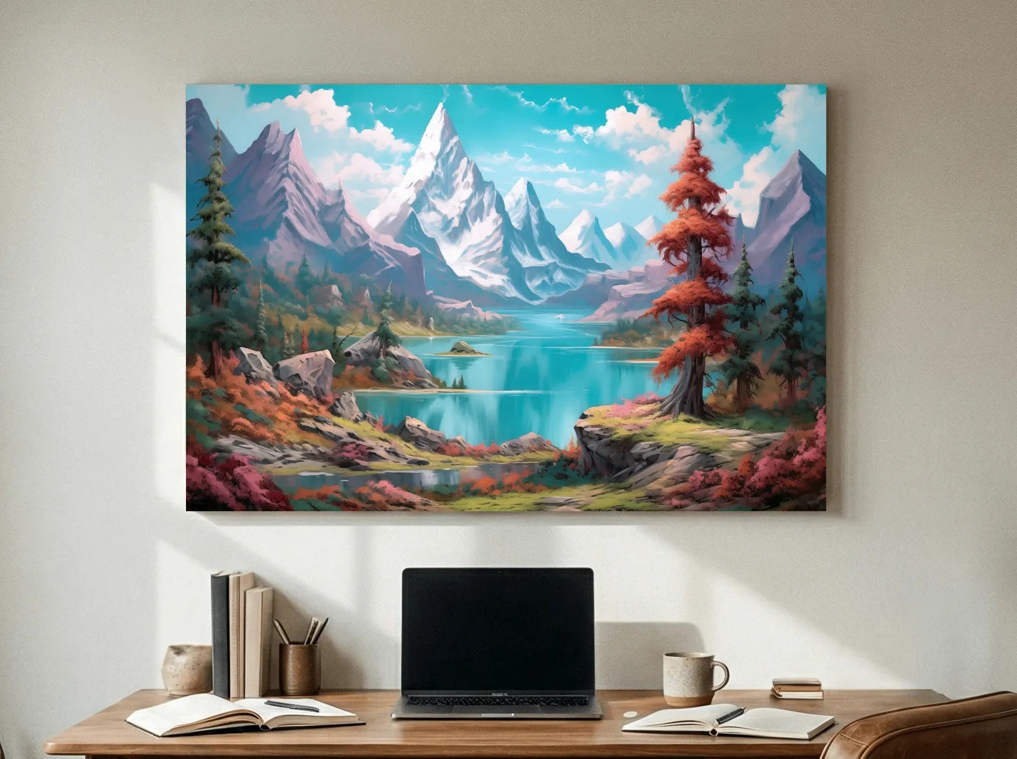 Vibrant Fantasy Alpine Lake Mountains - Surreal Colorful Artwork
