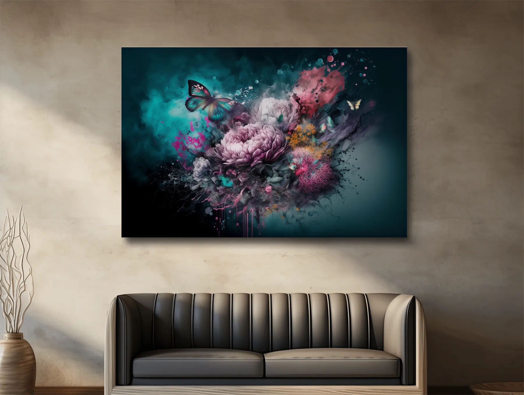 Fantasy floral explosion artwork with butterflies, vibrant abstract wall art 