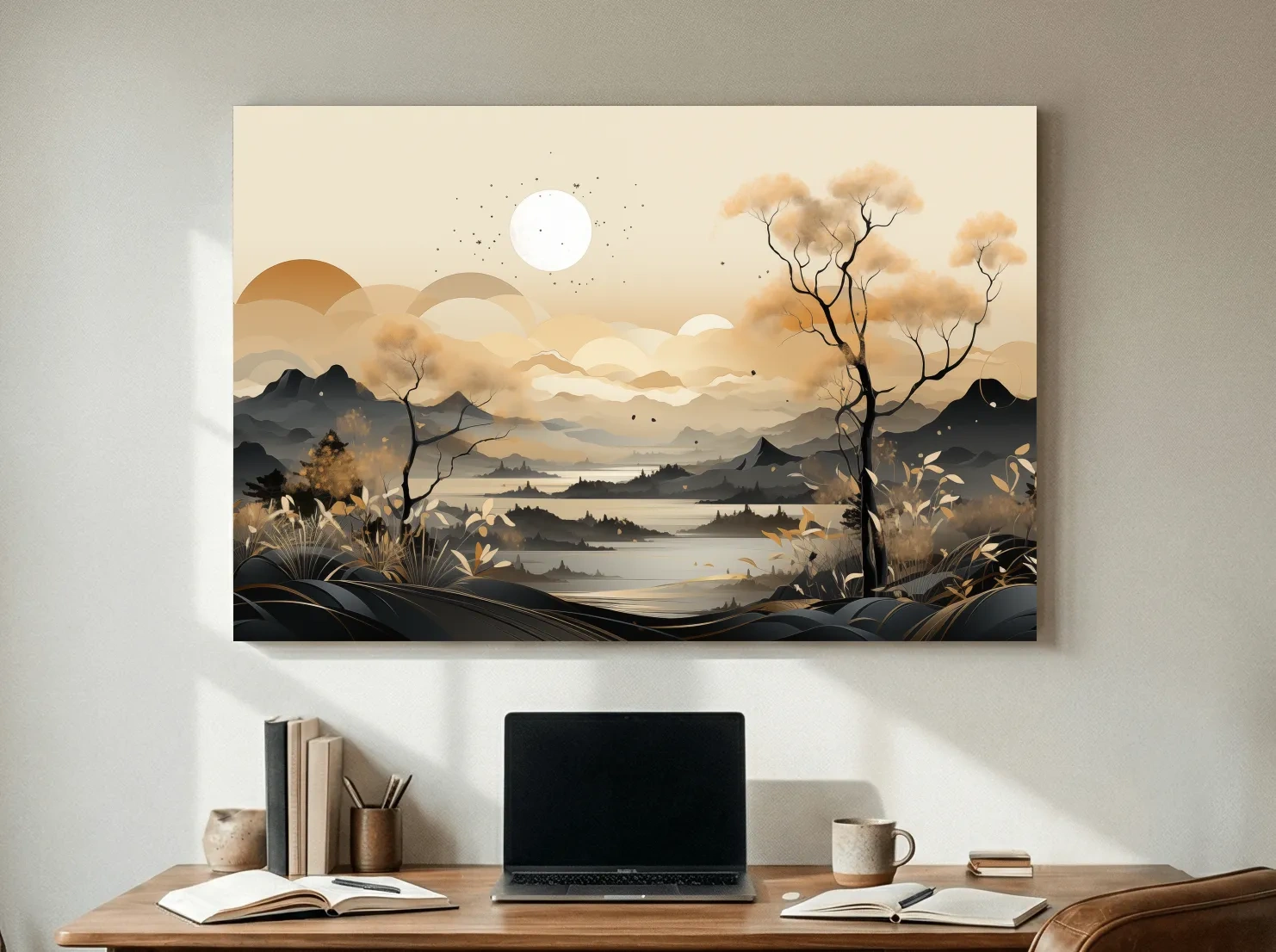 Japandi Misty Mountain Lake Landscape - Boho Wall Artwork