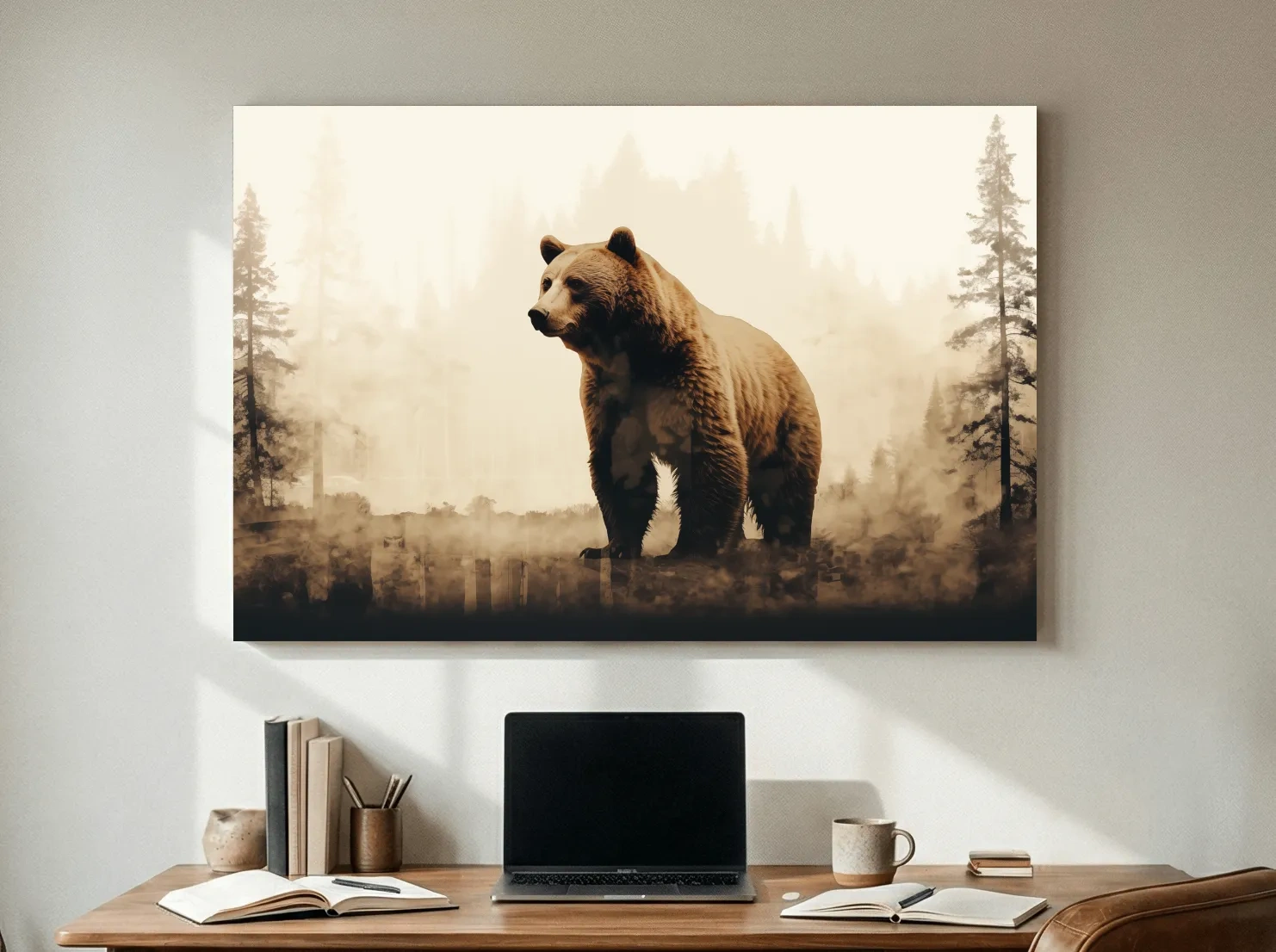 Grizzly bear in the forest, double exposure sepia photography artwork