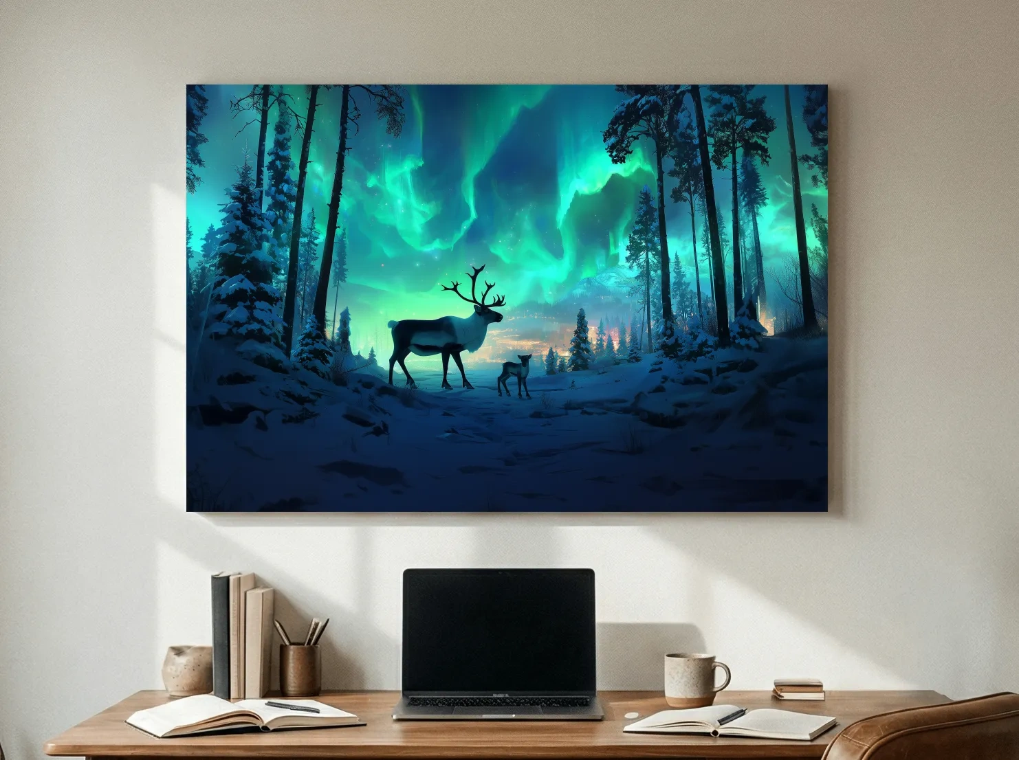 Caribou Buck Under Aurora Borealis Winter Scene - Fantasy Northern Lights Forest Wall Art