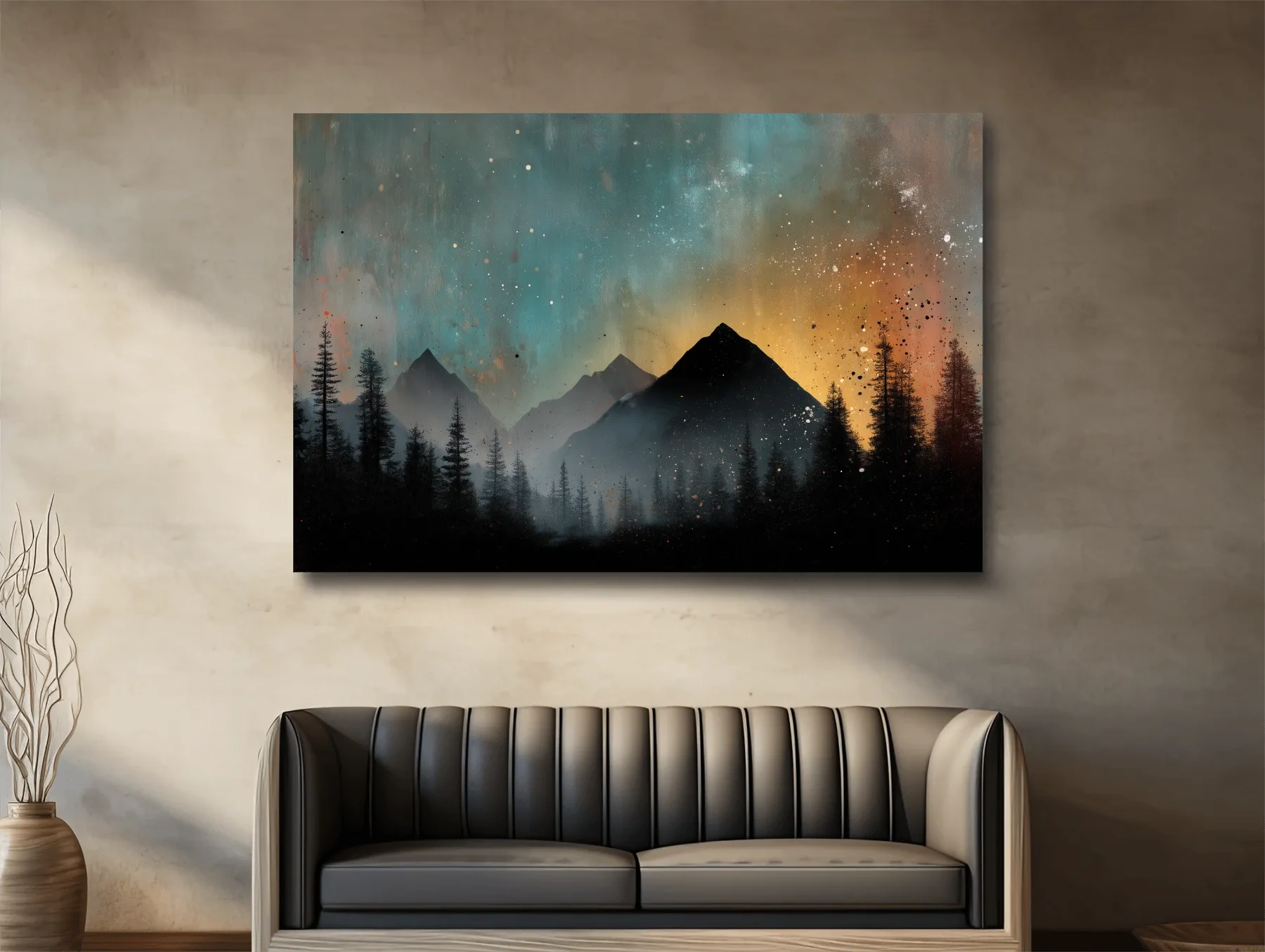 Moody Mountain Sunset Silhouette - Abstract Pine Forest Wall Art