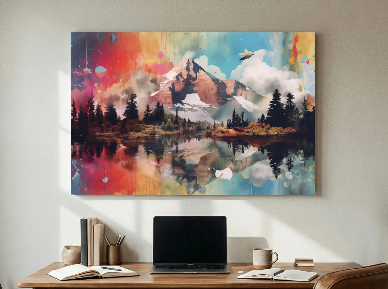 Vibrant Abstract Mountain Lake Painting - Colorful Landscape Wall Art