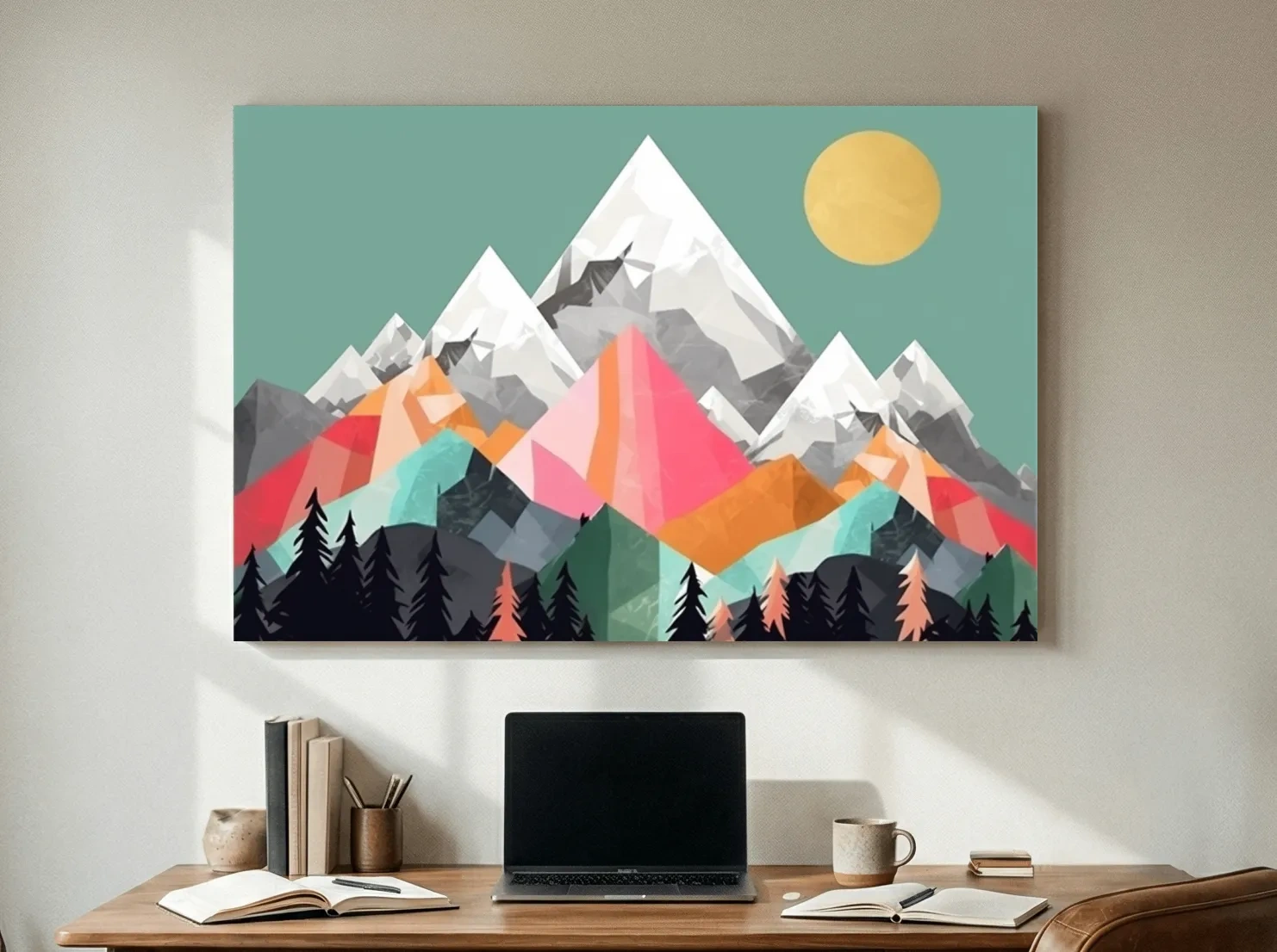 Geometric Abstract 2D Mountain Sunrise Art - Colorful Mid Century Wall Art