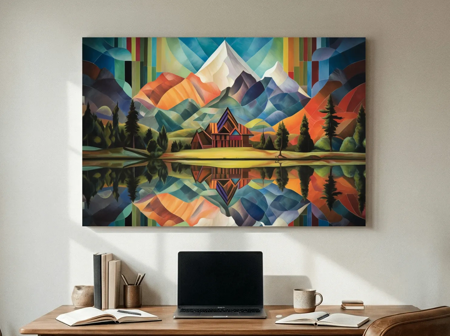 Vibrant Geometric Mountain Cabin Lake Reflection - Colorful Abstract Landscape Wall Art