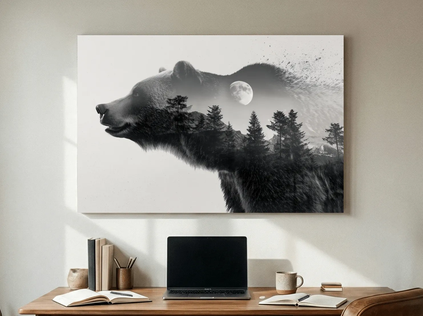 Black And White Grizzly Bear Double Exposure - Moonlit Pine Forest Mountain Wall Art