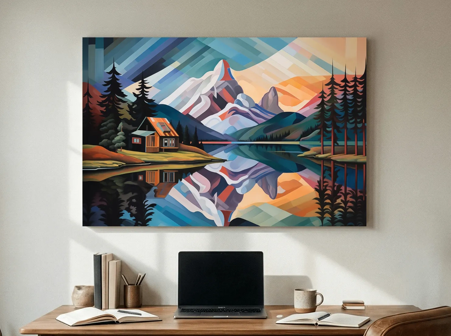 Mountain Cabin by the Lake Canvas Print - Abstract Oil Painting Sunset Wall Art