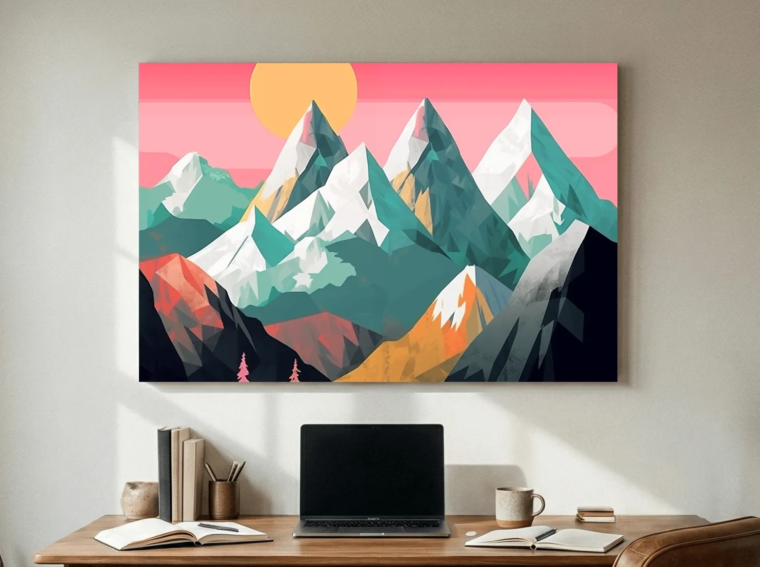 Alpine Mountains Sunrise Illustration - Colorful Landscape Wall Art