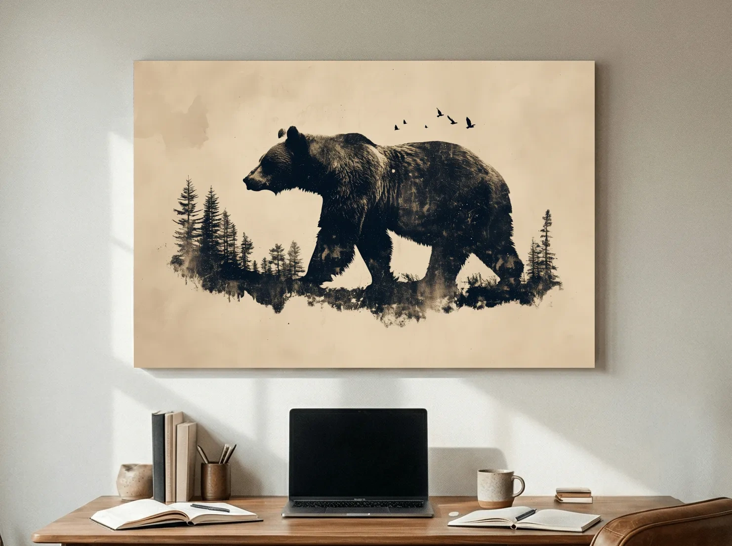 Vintage Grizzly Bear Forest Silhouette - Rustic Wildlife Wall Art