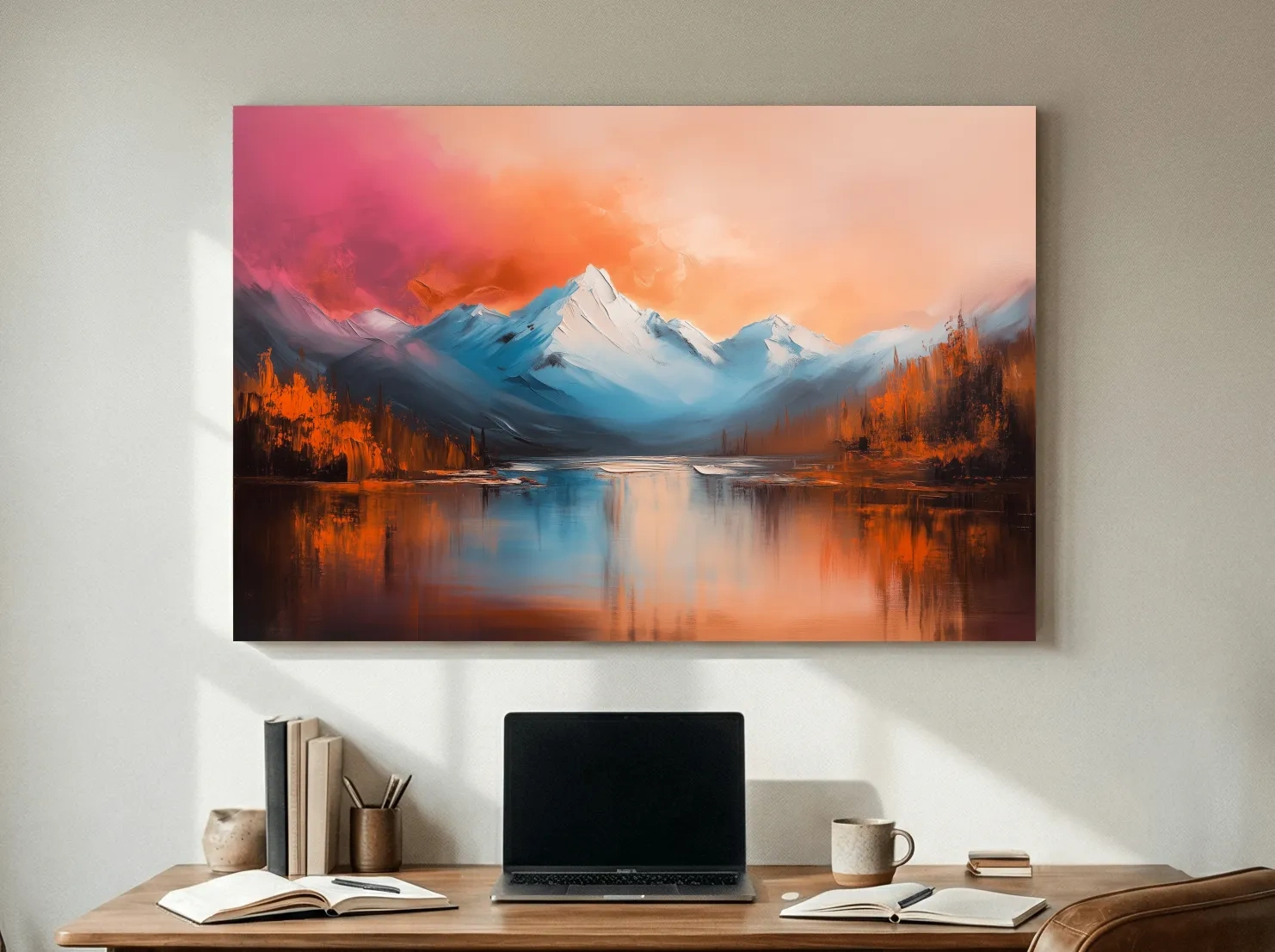 Sunset Mountain Lake Painting - Serene Abstract Landscape Wall Art Print