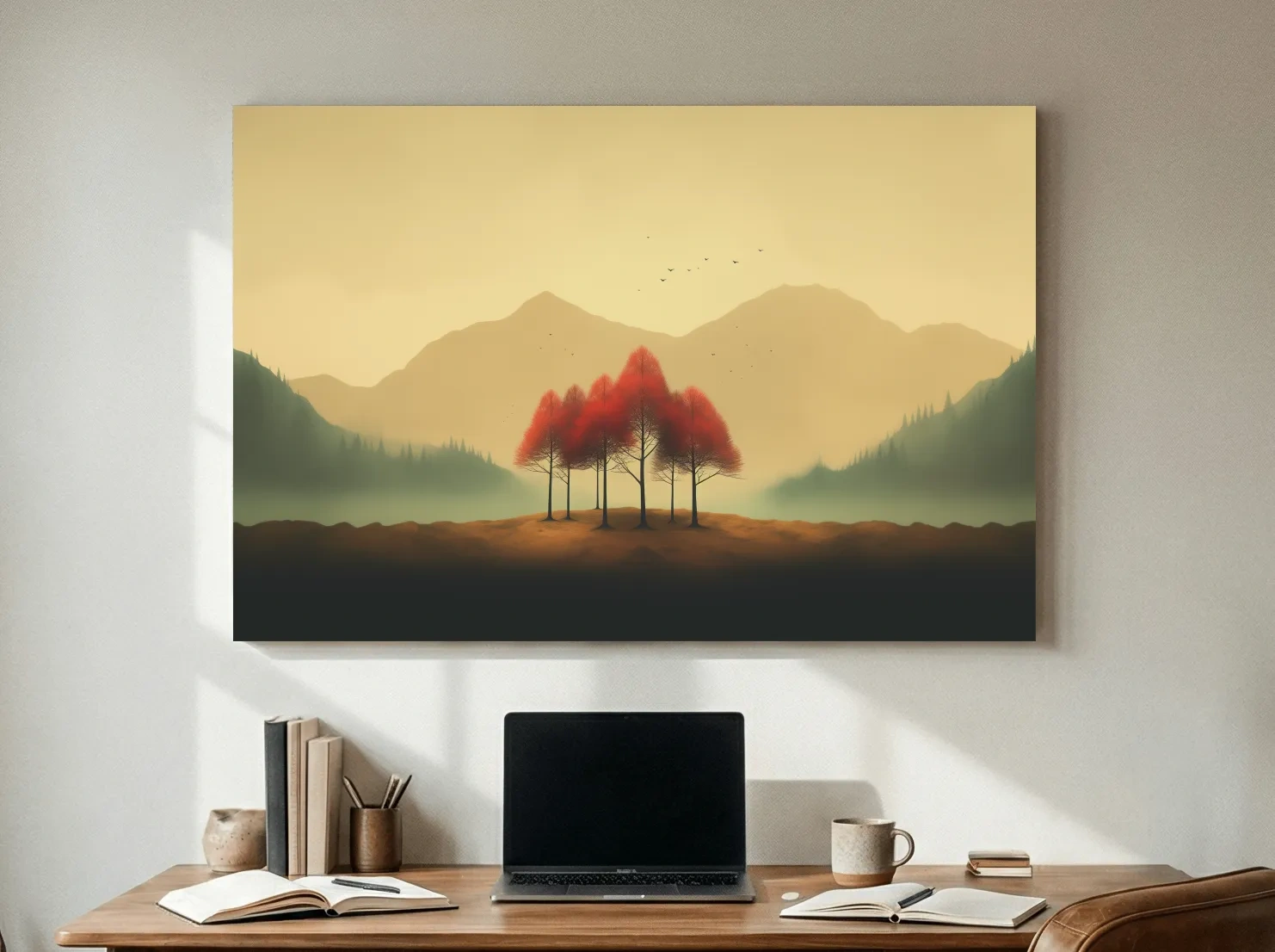 Minimalist Autumn Tree Grove Landscape - Misty Mountain Forest Wall Art