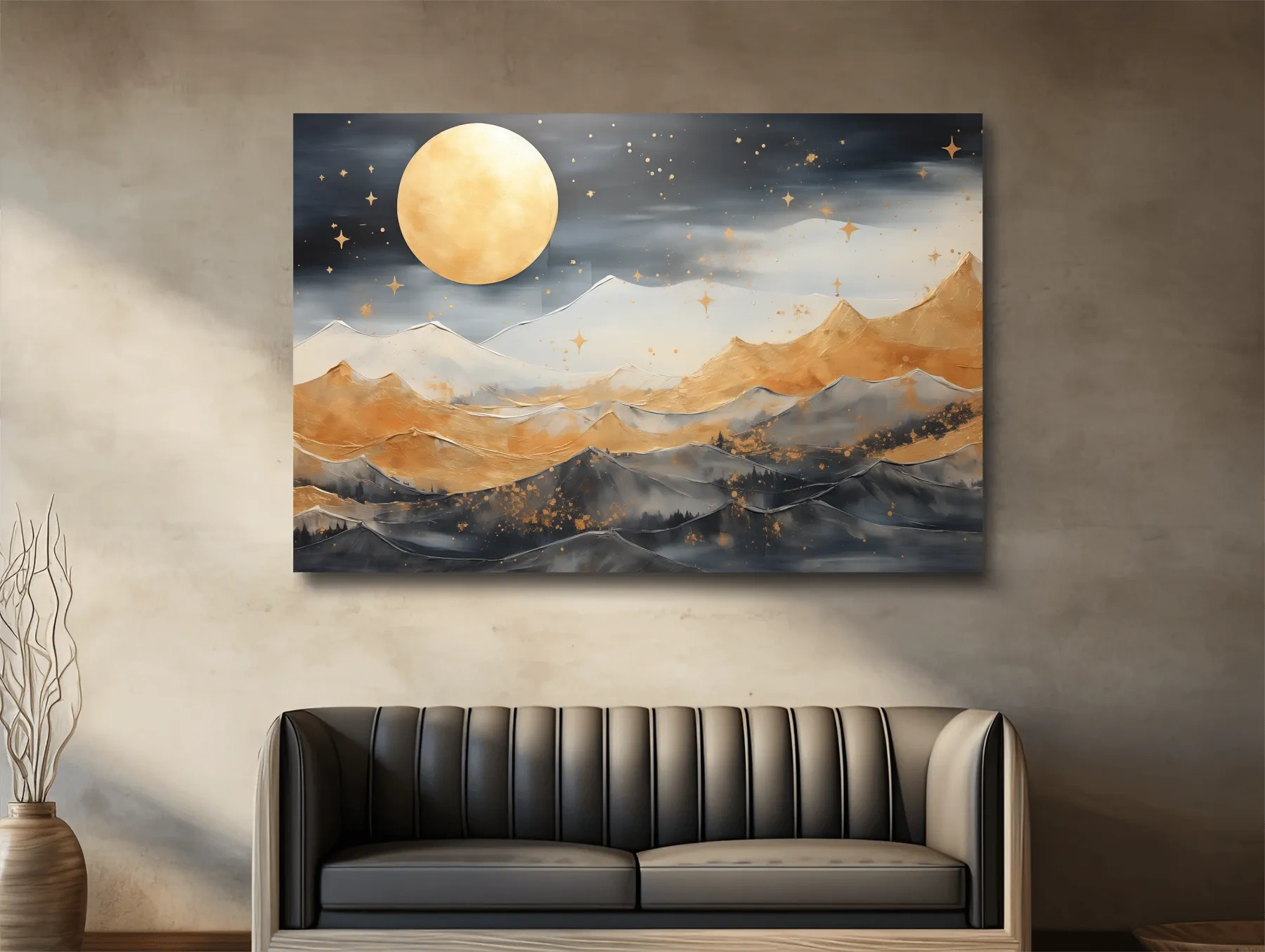 Golden Moonlit Abstract Mountain Landscape - Modern Metallic Watercolor Wall Art