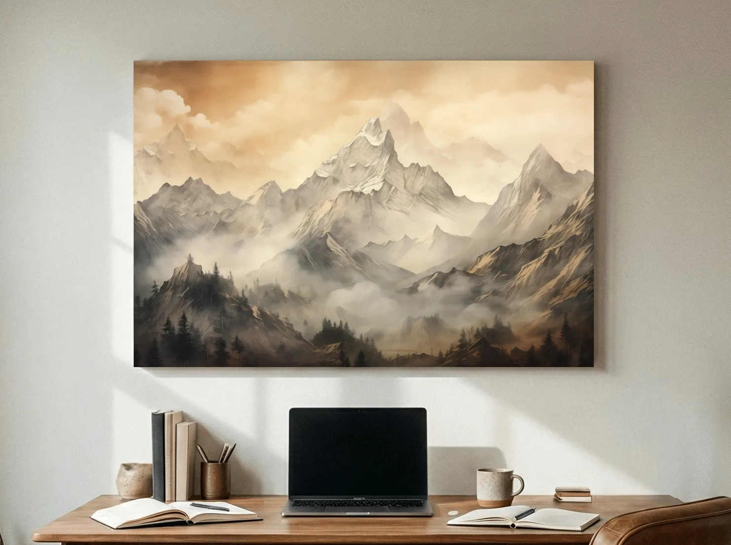 Moody Sepia Misty Mountain Peaks - Atmospheric Alpine Landscape Painting Wall Art