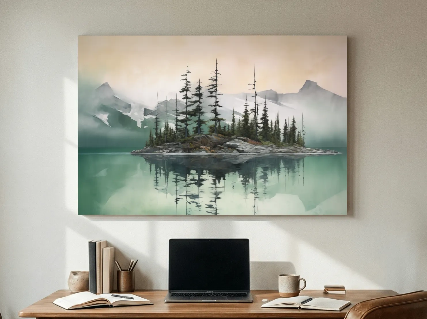 Misty Turquoise Alpine Lake Reflection - Serene Watercolor Mountain Landscape Wall Art