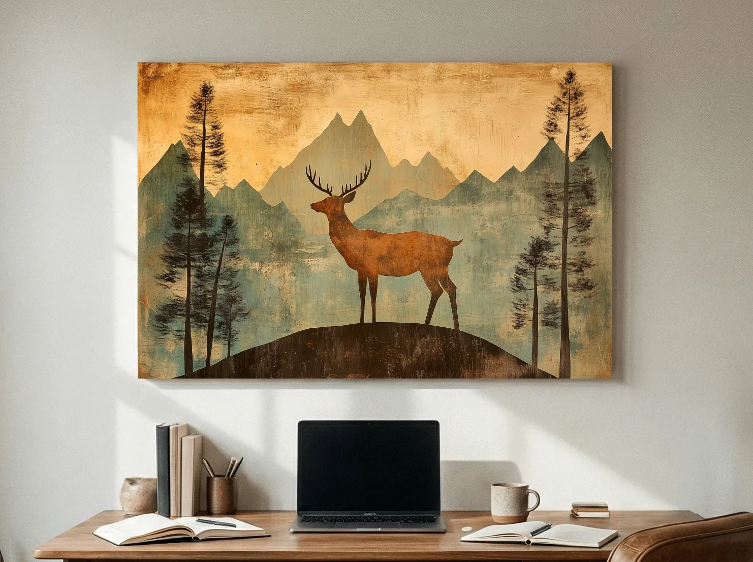 Rustic Deer Silhouette Mountain Landscape - Vintage Woodland Wall Art