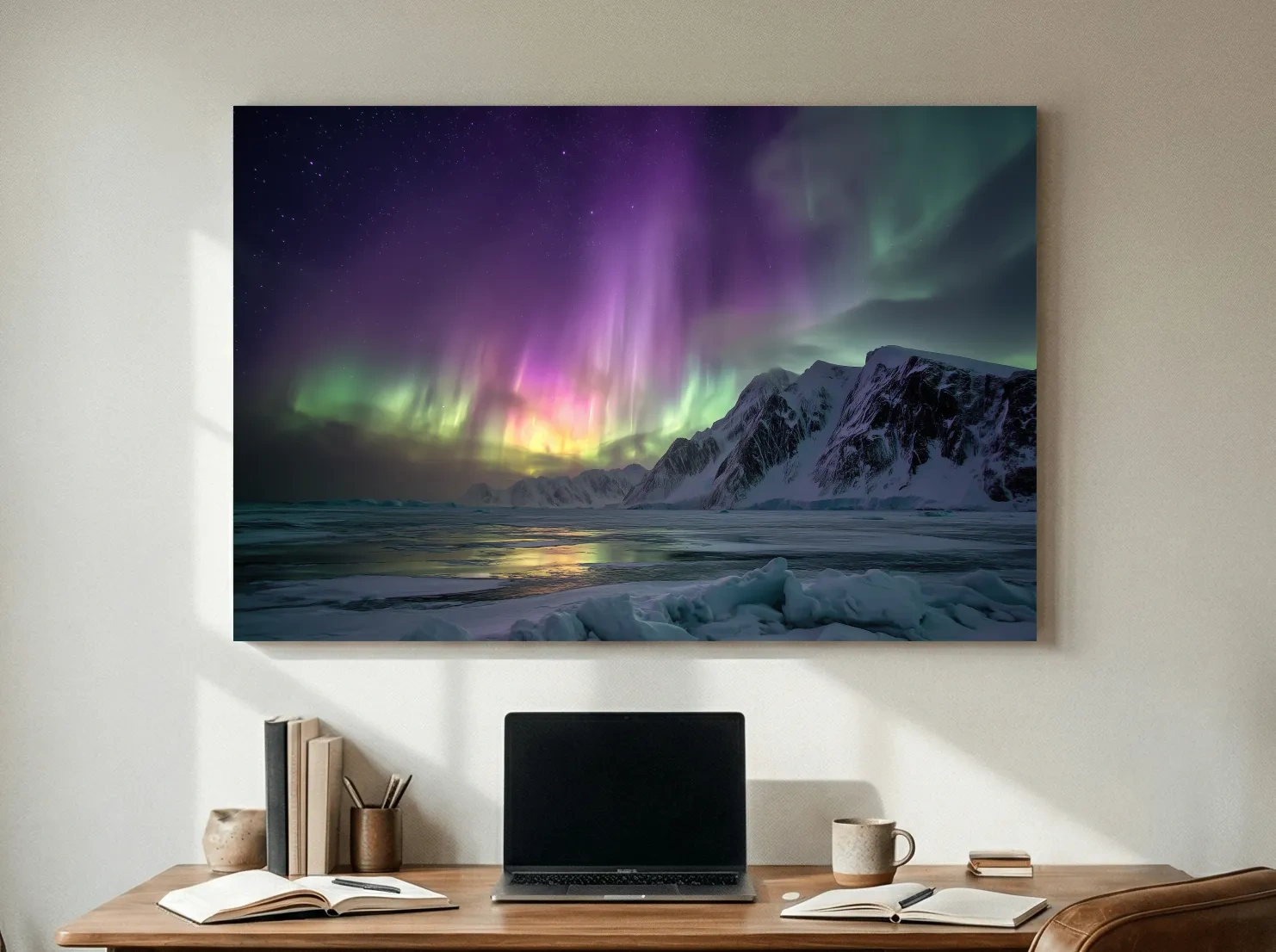 Vibrant Northern Lights Over Snowy Mountains - Aurora Borealis Photographic Night Sky Wall Art