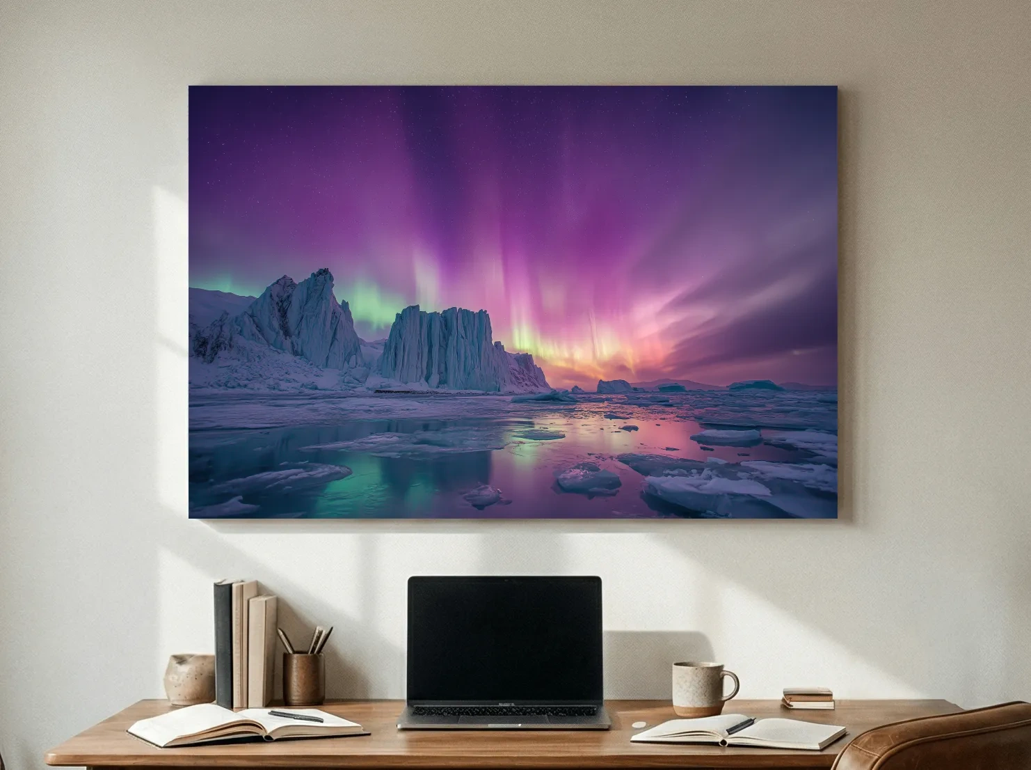 Vibrant Purple Northern Lights Over Arctic Icebergs - Aurora Borealis Landscape Wall Art